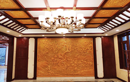 乐昌中式别墅客厅中式木作横梁吊顶装饰展示
